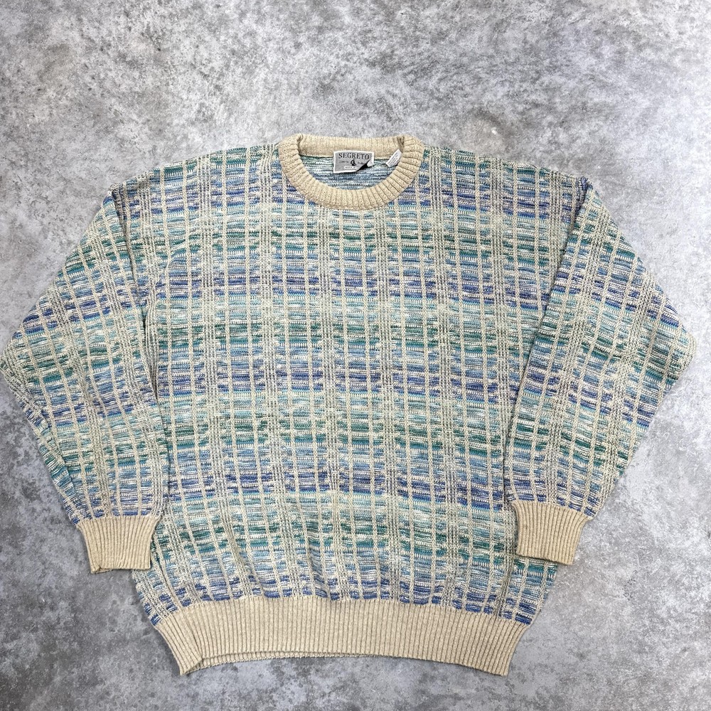 Segreto Sweater Mens XL Beige Blue Green Textured Knit Made In Italy Pullover