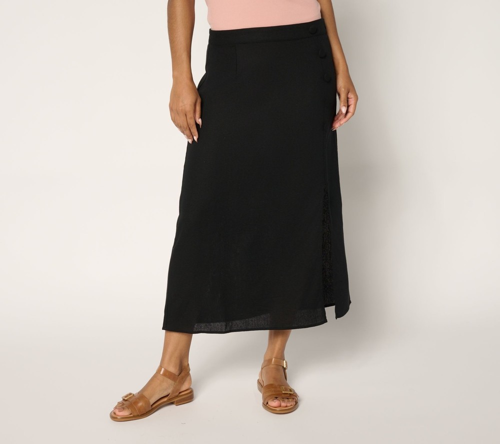 Me by Jennie Garth Women's Petite Skirt PS Linen Blend Midi Black A695509