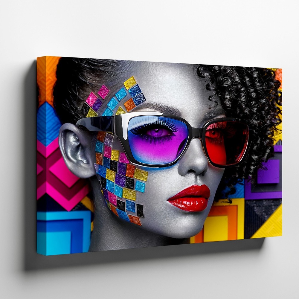 Modern Abstract Canvas Wall Art Colorful Mosaic Face Woman with Sunglasses Print-image