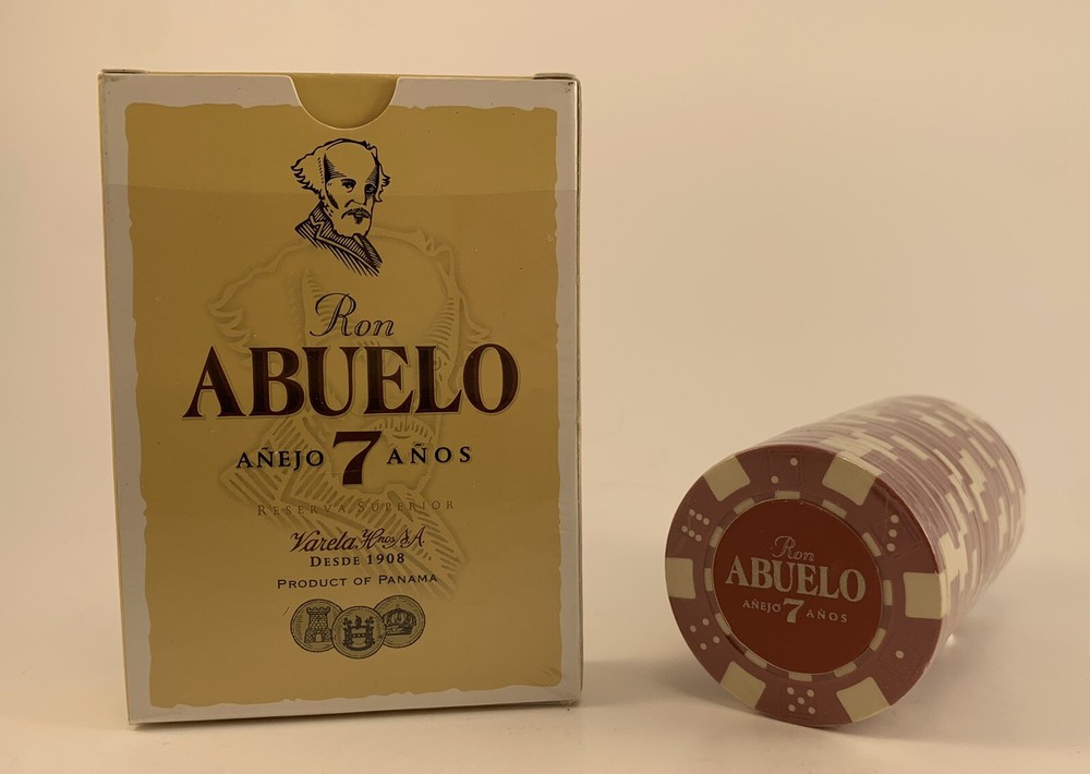 Sealed Roll of 20 Ron Abuelo Anejo 7 Anos Rum Poker Chips & Open Deck of Cards-image