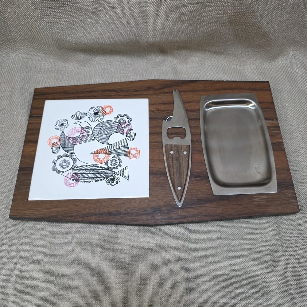 VTG Mid Century Modern Wooden Cheese Board w Knife Birds Floral 60/70s Stainless