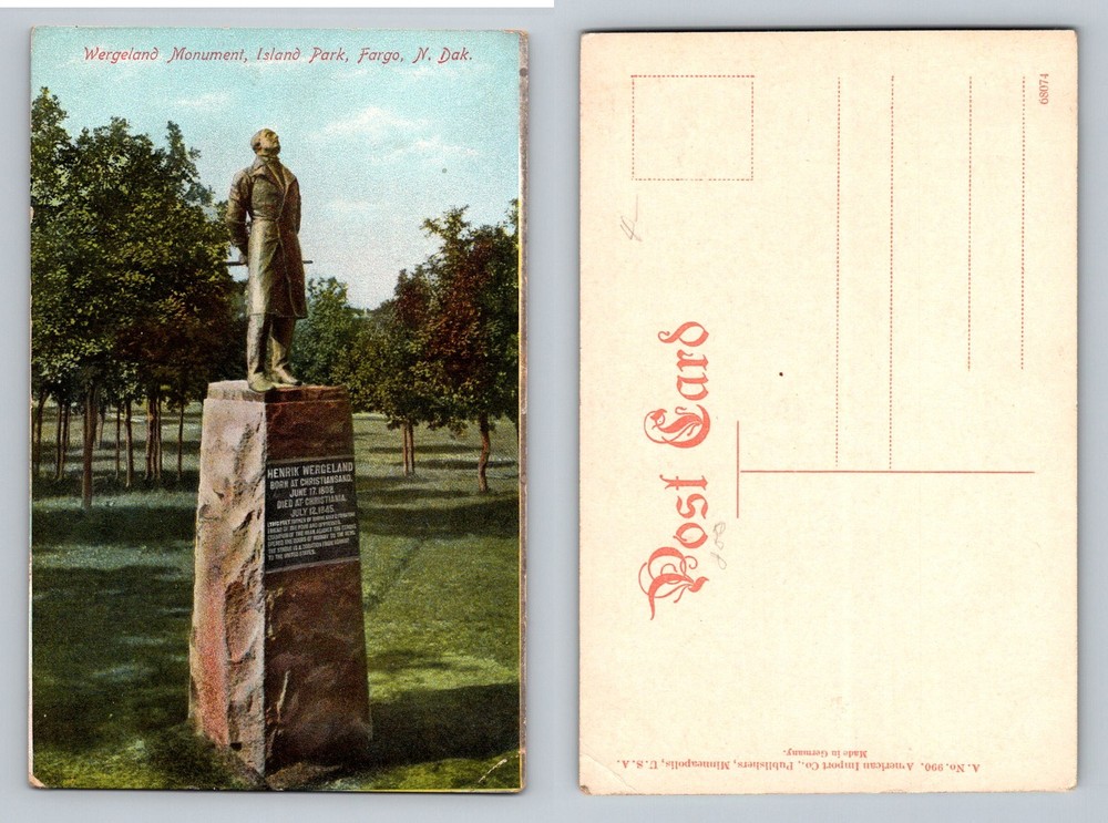 Fargo, ND-North Dakota, Wergeland Monument Island Park Vintage Postcard