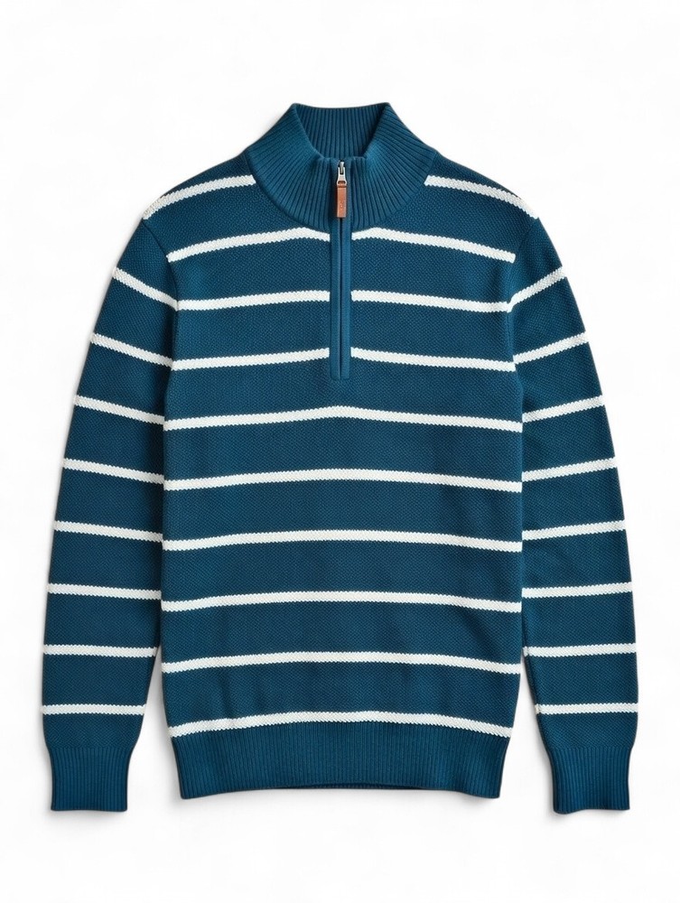 Club Room Men's Blue White Striped 1/4 Zip Mock Neck Sweater Long Sleeve Size M