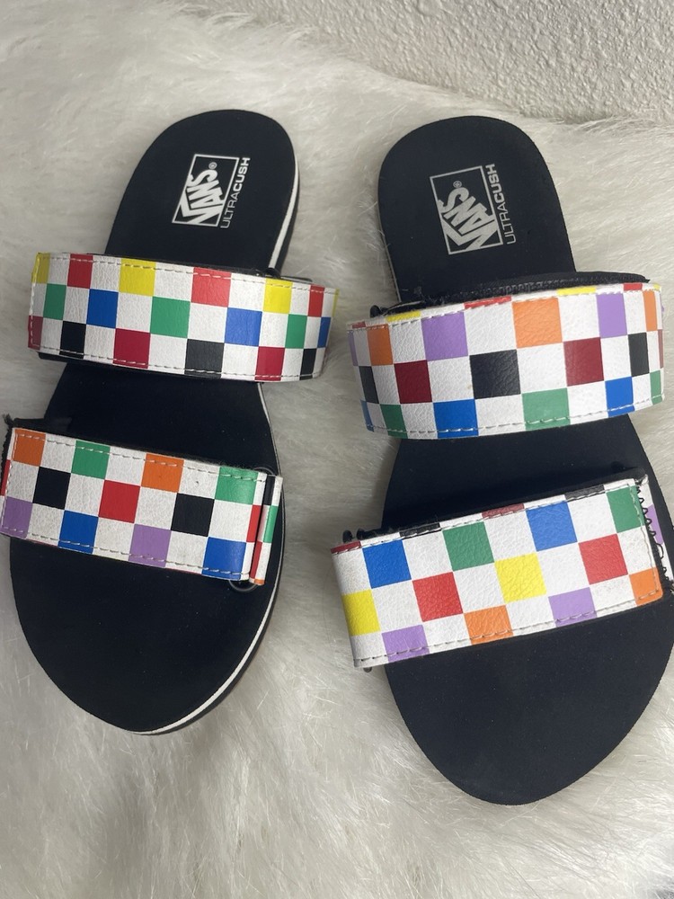 VANS Womens Rainbow Checkerboard Slides Adjustable Size 7 Colorful Sandals