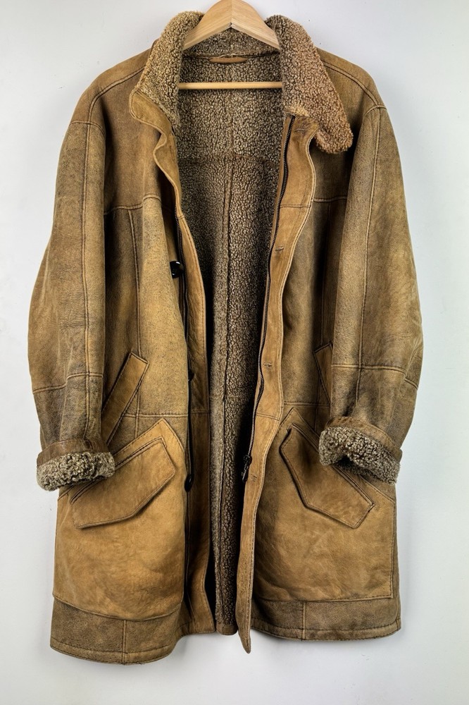 REAL SHEARLING SHEEPSKIN COAT Size Large Men`s Brown Winter Jacket Vintage