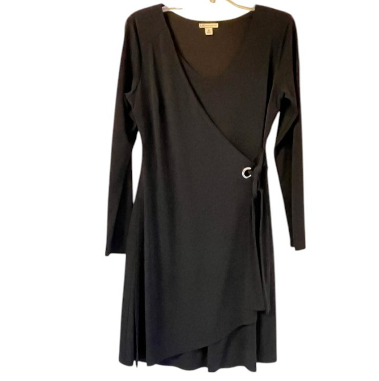 Black Faux Wrap Dress Size M | Long Sleeve Knee Length Stretch Knit