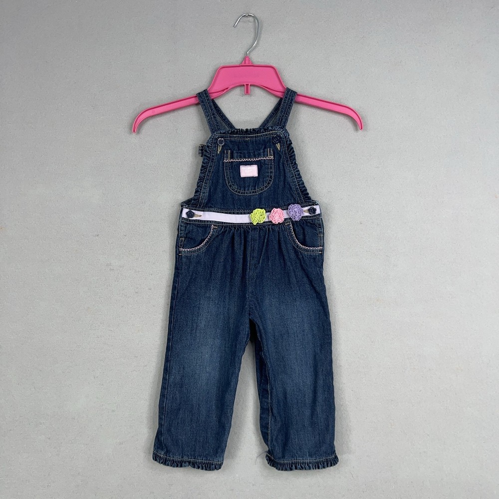 OshKosh Bgosh Overalls Baby Girls 24 Months Blue Jean Denim Floral Belt Y2K Bib