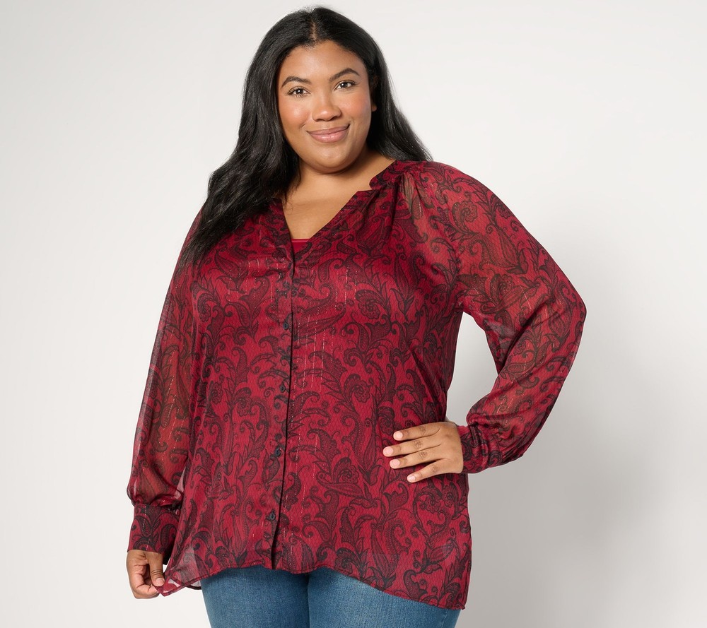 Susan Graver Women's Top Petite 3XP Printed Woven Blouse with Lurex Red A667489