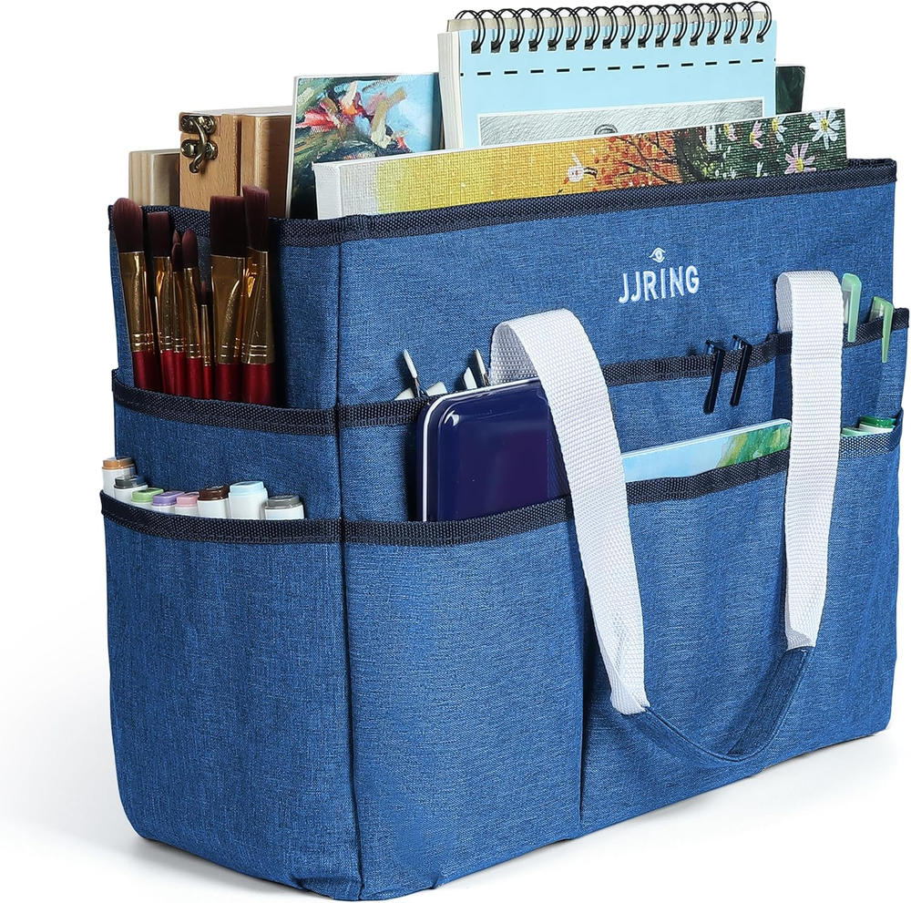 Craft Organizer Tote Bag, Large Art Storage Caddy with Multiple Pockets, Blue Se