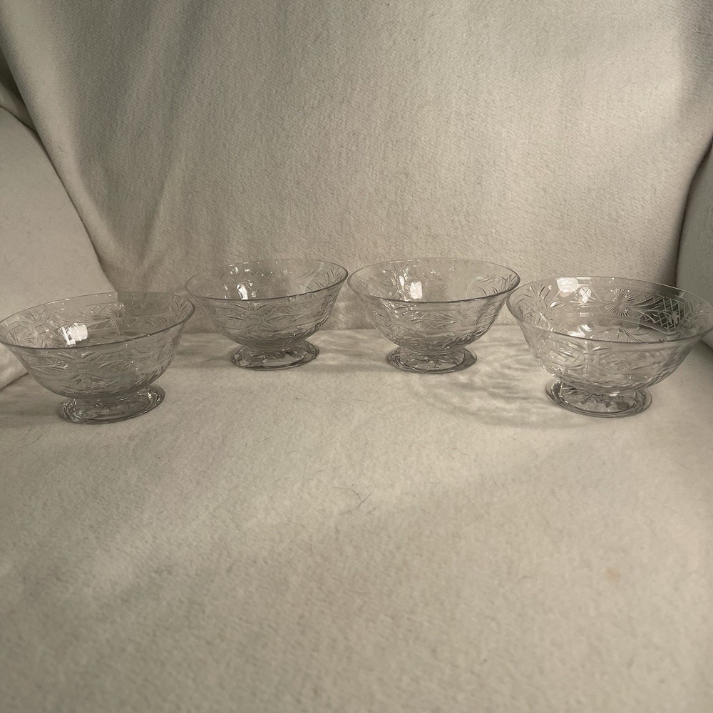 Vintage Clear Crystal Footed Berry Bowls with Floral Etching Set of 4