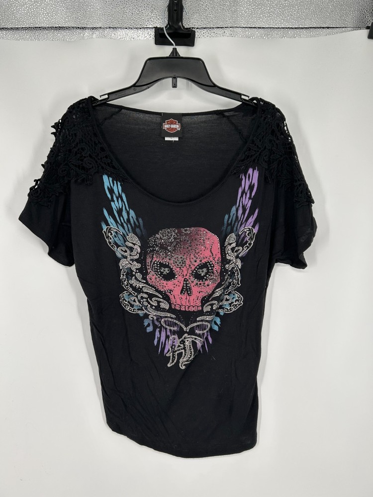 Harley-Davidson T Shirt Women's XL Skull Wings Graphic Embellished Short Sleeve