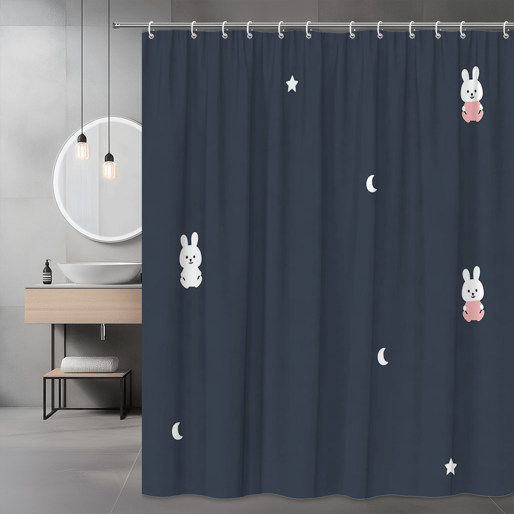 Cute Bunny Moon Star Shower Curtain Dark Blue Print