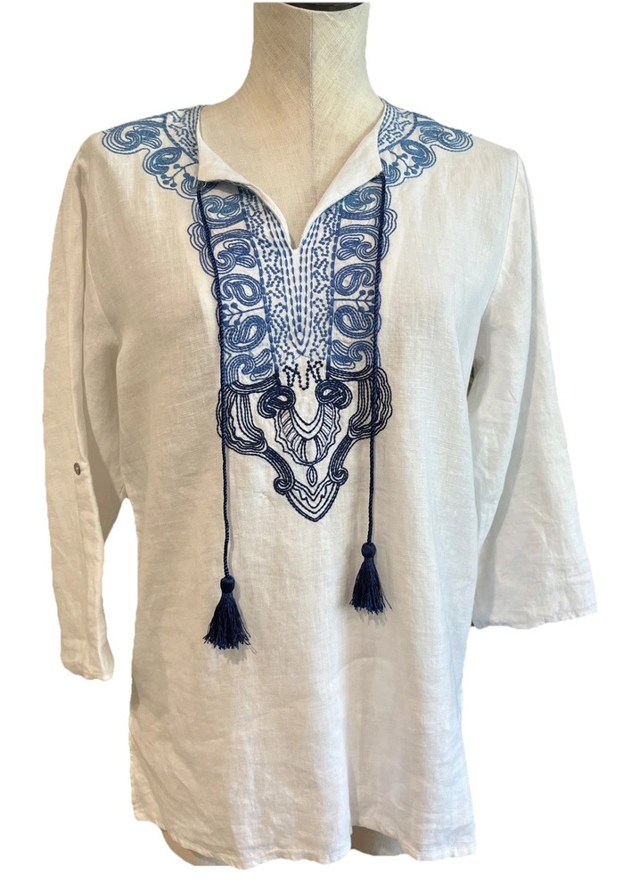 Sympli Womens Small White Linen Embroidered Tunic Top with Floral Detail