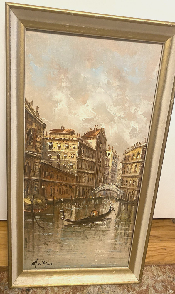 Vintage Oil Painting On Canvas Signed Venice Grand Canal Gondola  Italy Seascape