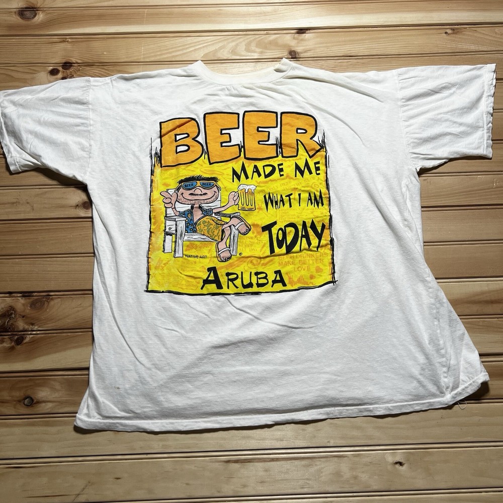 Vintage 80s Beer Made Me What I Am Today Aruba Travel Cartoon Shirt Size 2XL