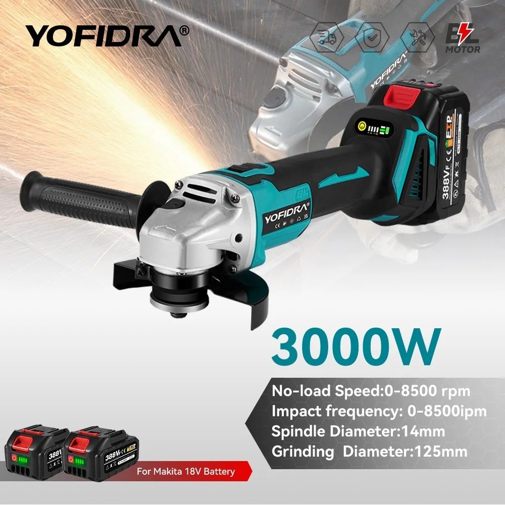 YOFIDRA 3000W 125mm Brushless Electric Angle Grinder Metal Wood Grinding Polishi