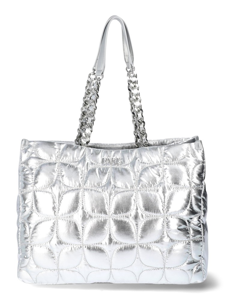 Women's Carson Quilted Nylon Triple Compartment Tote, Silver Metallic