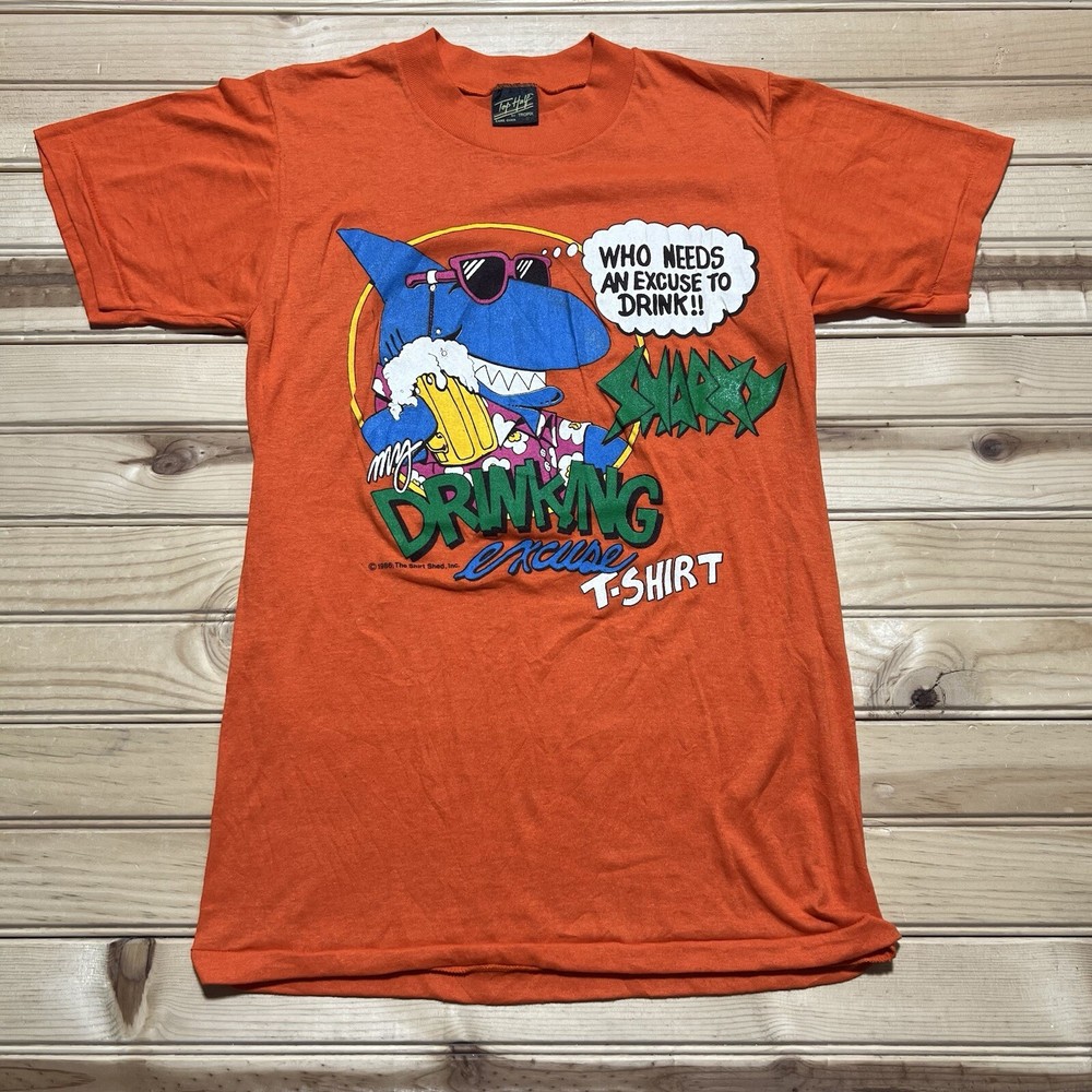 Vintage 1986 Shark Cartoon This Is My Drinking Excuse Shirt Beach Art Size Small