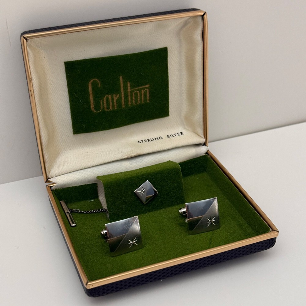 Vintage 1980s Sterling Silver Cufflinks & Tie Bar Set – Elegant Mens Dress Accessory