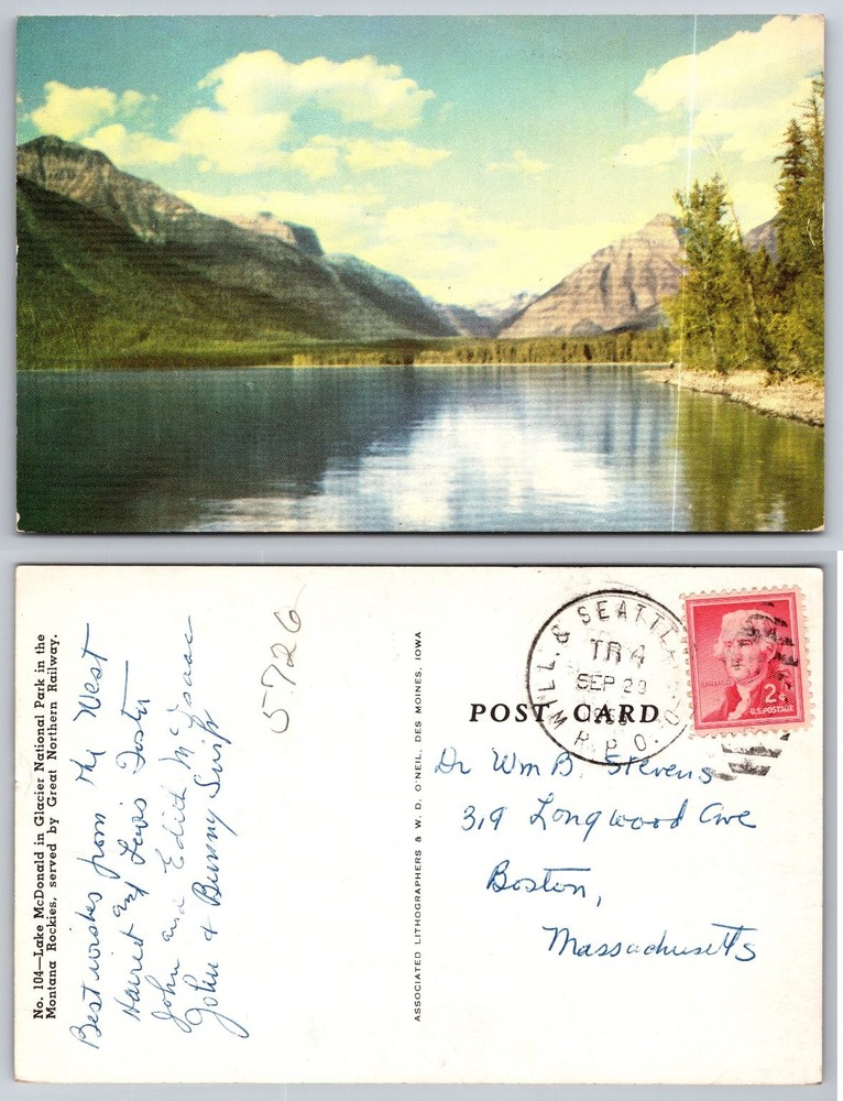 Lake McDonald Glacier National Park MT Postcard, Great Northern Railway, 1940s