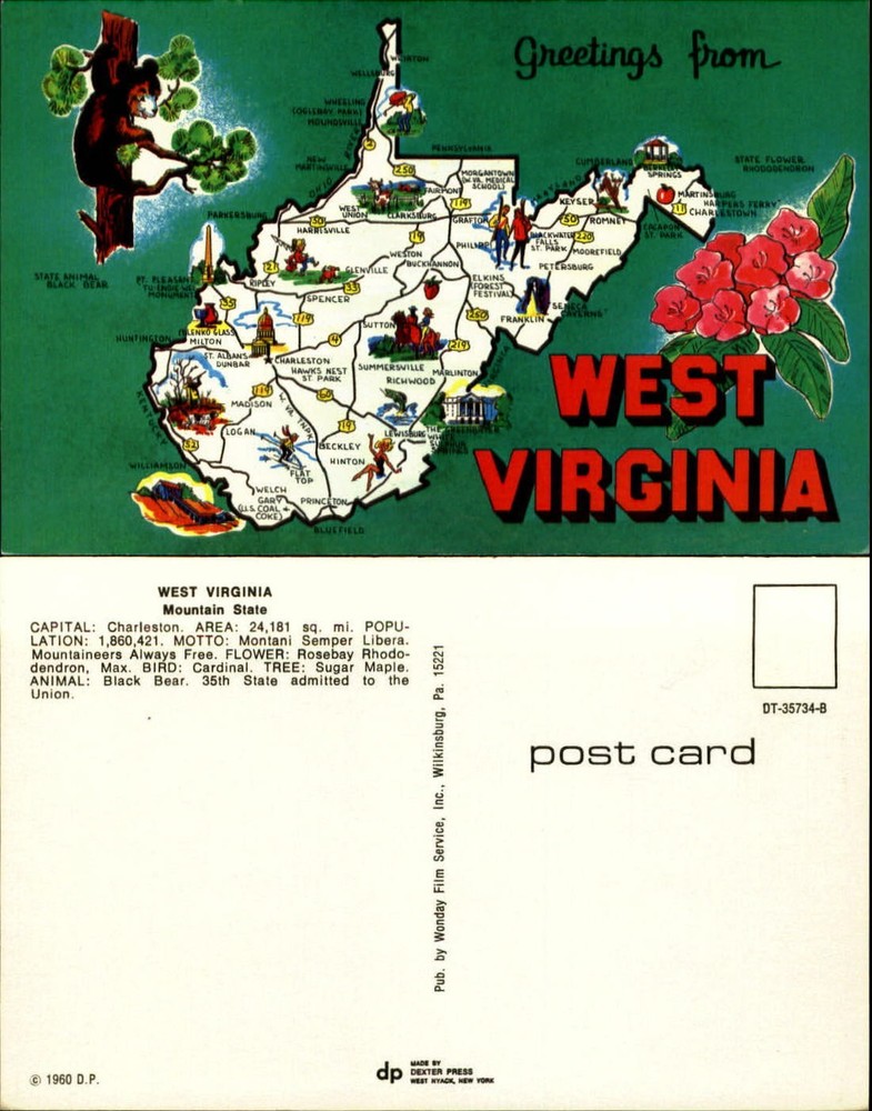 Greetings from West Virginia map postcard black bear Rhododendron unused