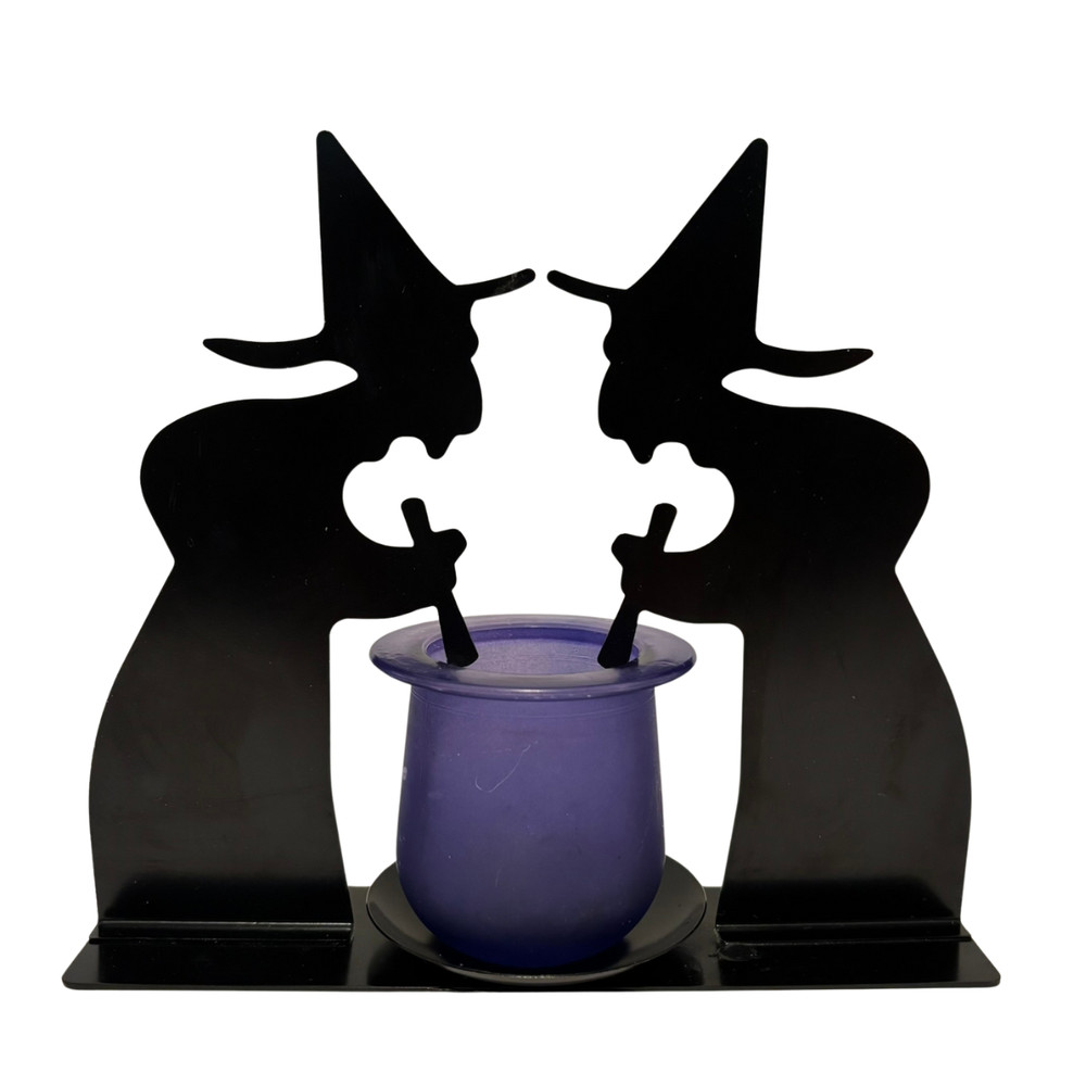 Vintage Witches Stir Cauldron Silhouette Candle Holder Black Metal Purple Glass