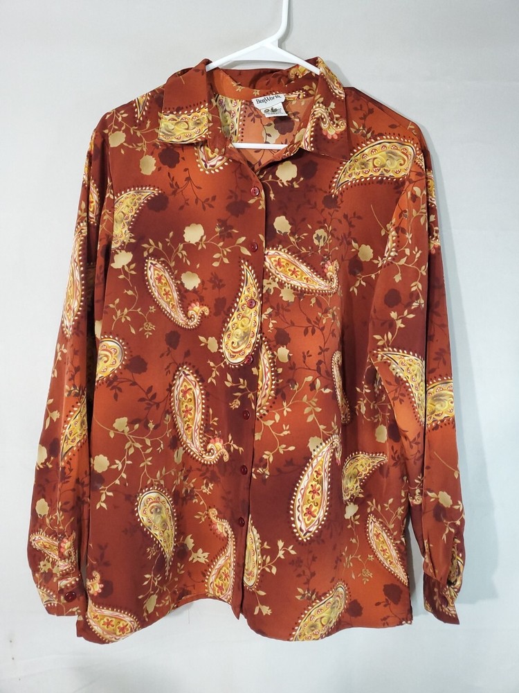 Vintage BonWorth Button Up Shirt Women's Size Medium Long sleeve Shiny Paisley