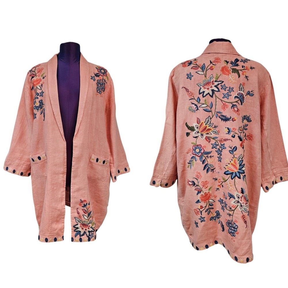 Johnny Was Tiwa Pink Oversized Floral Embroidered Heavy Linen Kimono Size XL G51