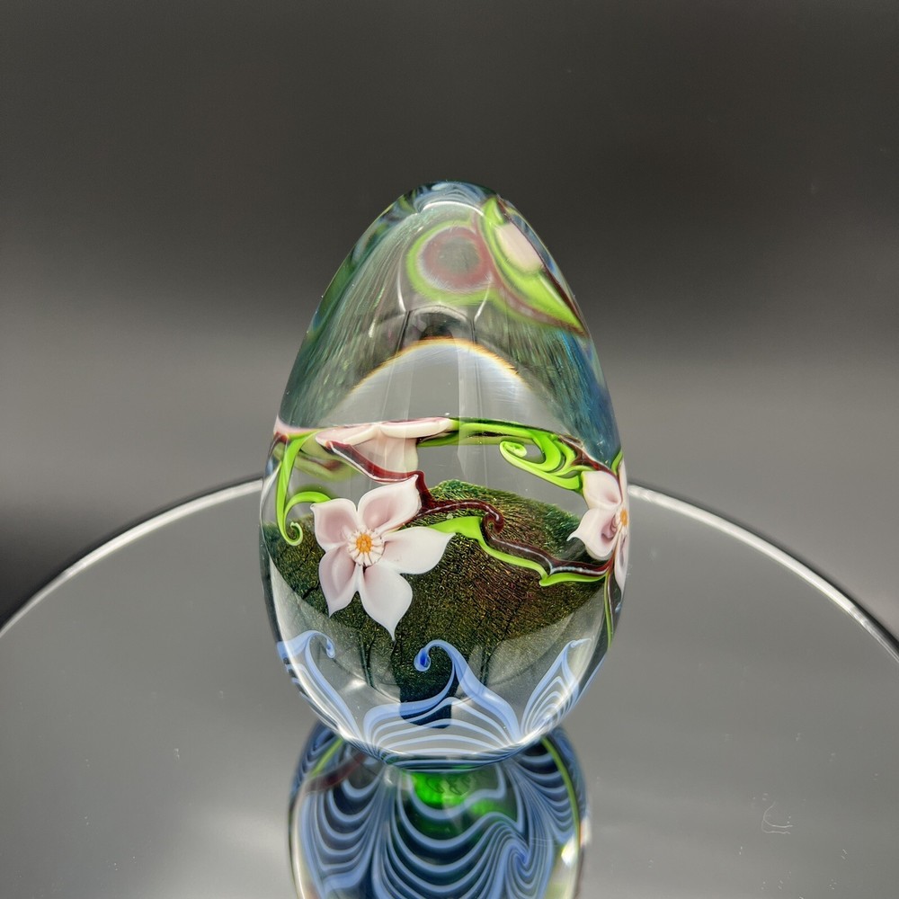 Rare Orient & Flume Egg Shaped Art Glass Paperweight W/Flowers Buds And Grasses