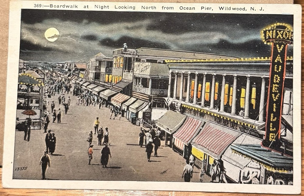1923 Wildwood NJ, Boardwalk Night Looking Ocean Pier, Cape May County, Postcard