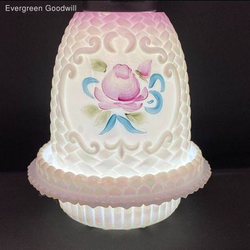 Fenton Hand Painted Rose on Iridescent Lilac Ombre Basketweave 2 PC Fairy Light