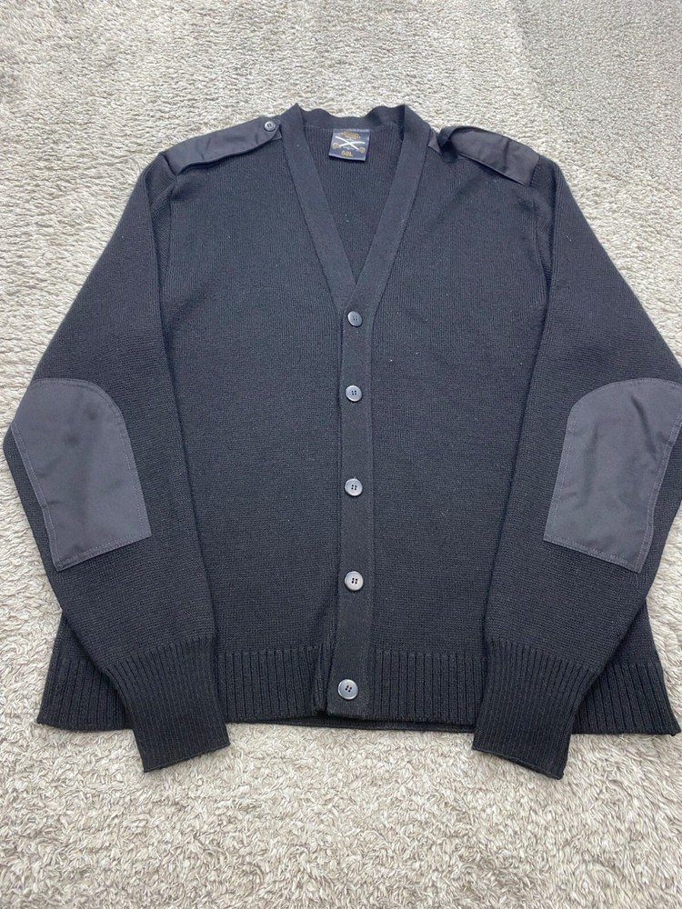 Military Equipment Sweater Men 52L Black Wool Padded Elbow Patch Heavy Cardigan
