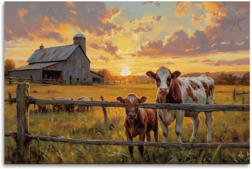 Rustic Farm Landscape Wall Art, Barn Cows Sunset Scene Canvas Print, Vintage ...