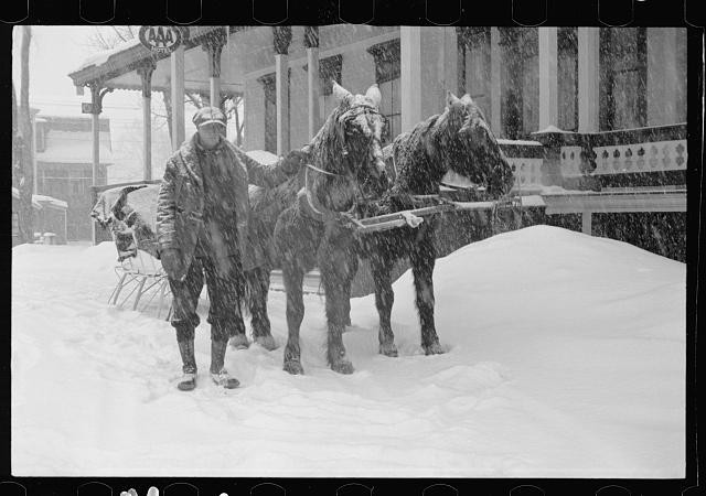 Photo:Lancaster New Hampshire 1936 Horses and Man in Snowstorm