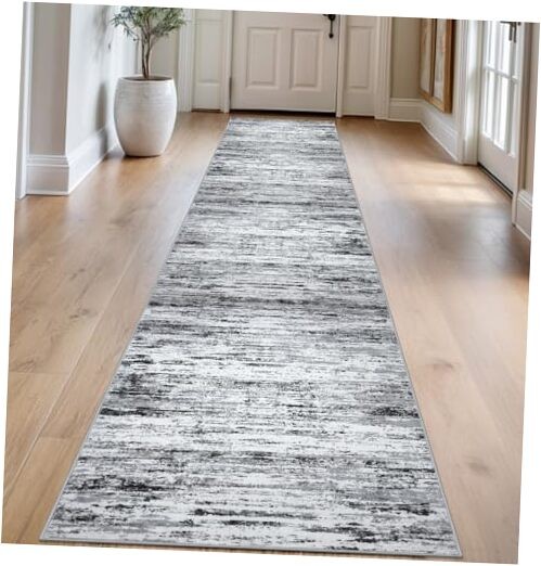 Modern Abstract Runner Rug 2.6x14 Feet in Black Gray White