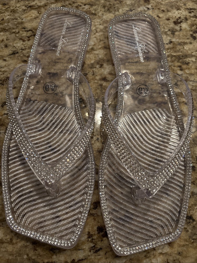 Lauren Lorraine Tampa 6.5 Clear Rhinestone Jelly Sandals Flip Flops New in Box