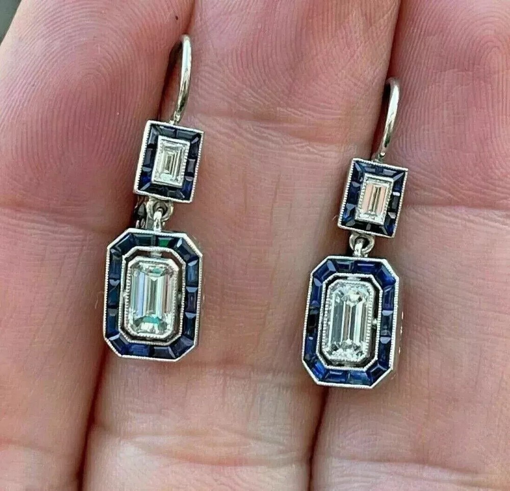 Art Deco emerald cut lab diamond and sapphire 14K white gold FN earrings