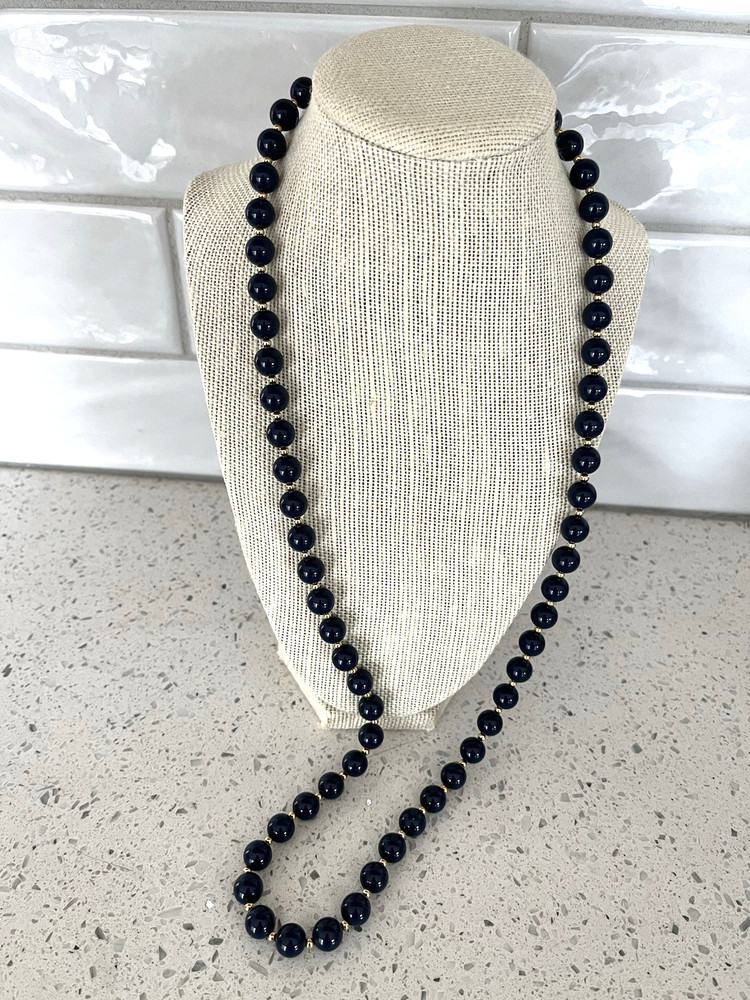Vintage 80s Signed Monet Gold Tone Navy Blue Beaded Necklace 1980's 30