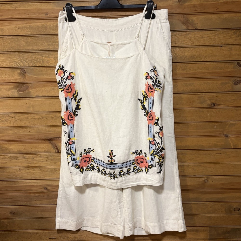 Free People Sightseer Embroidered Linen Blend Tunic Pants Set NWT Flaw Size L