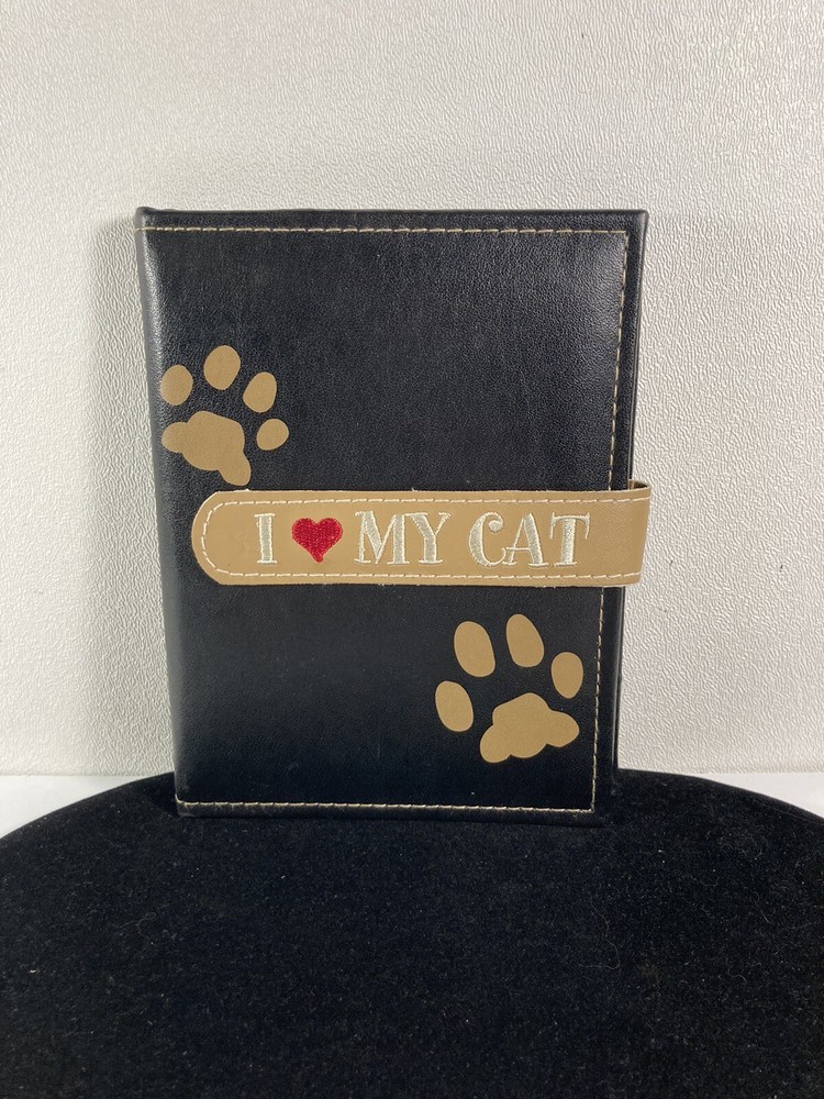 small photo album 4x6 ,acid free,embroider writing,faux leather, cat fan.-image