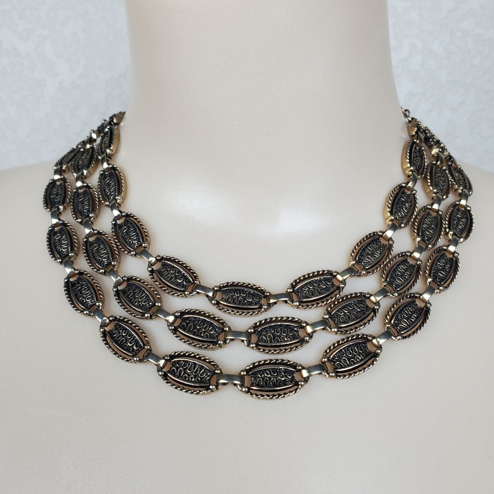 Vtg Sarah Coventry 60s Oval Gold Black Tone Chain Triple Strand Choker Necklace