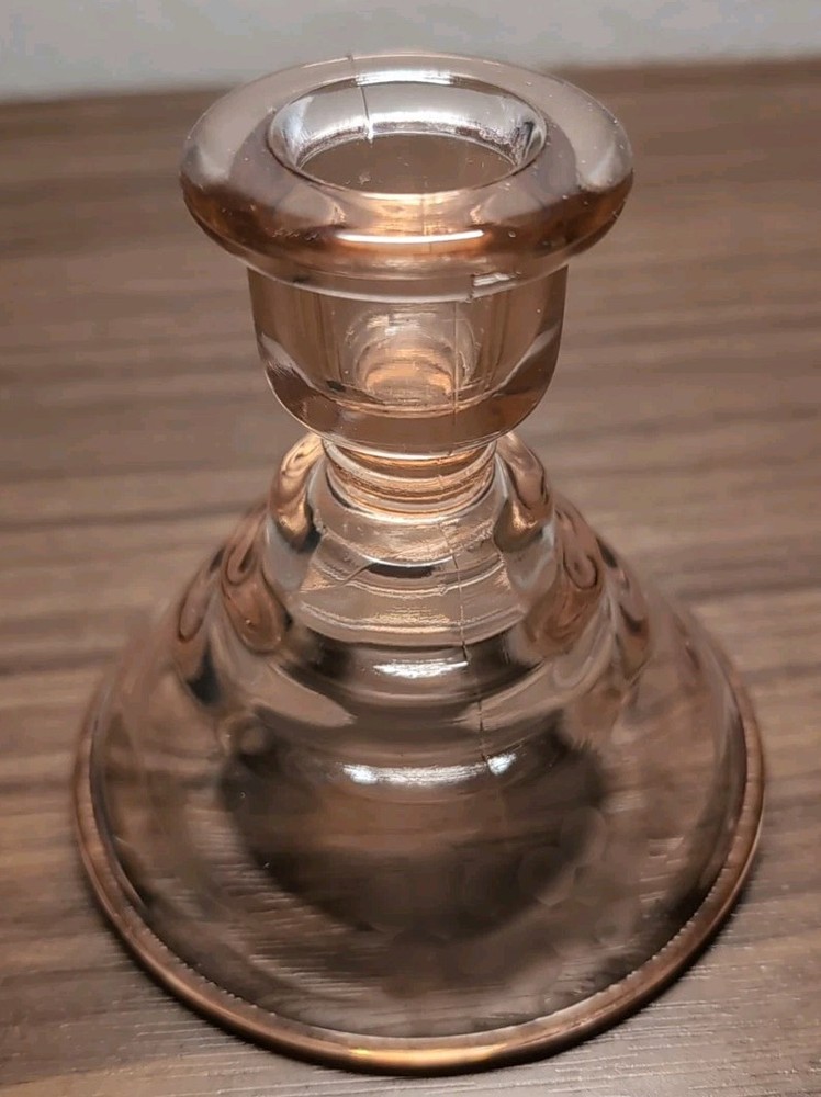 Vintage Pink Depression Glass Candle Stick Holder W/ Etched Base 2 1/2 in Tall
