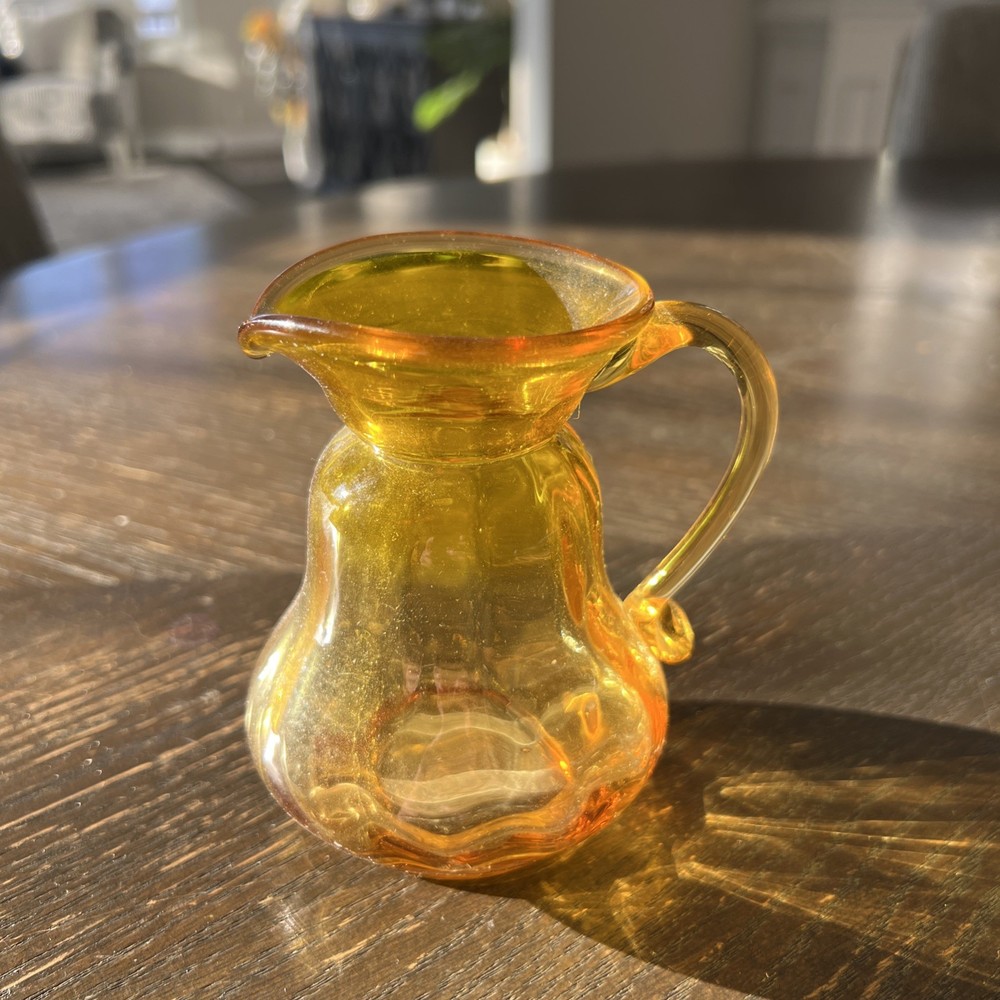 Vintage Amber Glass Mini Pitcher Handblown MCM 4” Tall