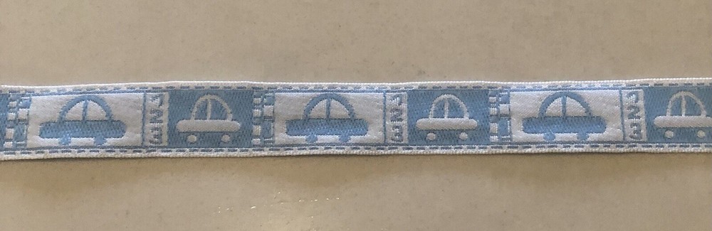 French Jacquard Ribbon with Baby Blue Toy Cars Design - Sold by Yard or Unit