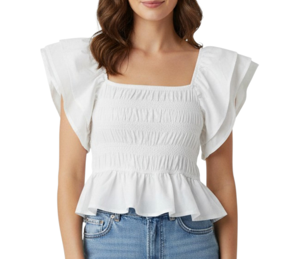 ZARA White Poplin Cropped Top RUFFLE FLUTTER SLEEVES Smocked w/Peplum Ruffle S