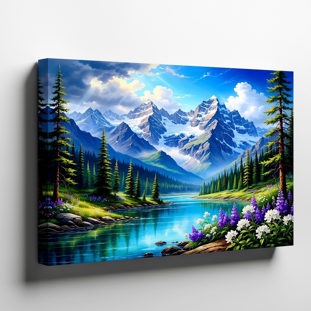 Mountain Lake Landscape Canvas Wall Art Nature Scene Snowy Peaks Pine Trees