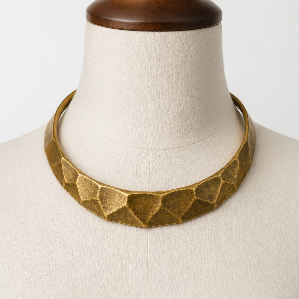 VTG Hammered Brass Torque Collar Necklace Brutalist Modernist Statement Choker
