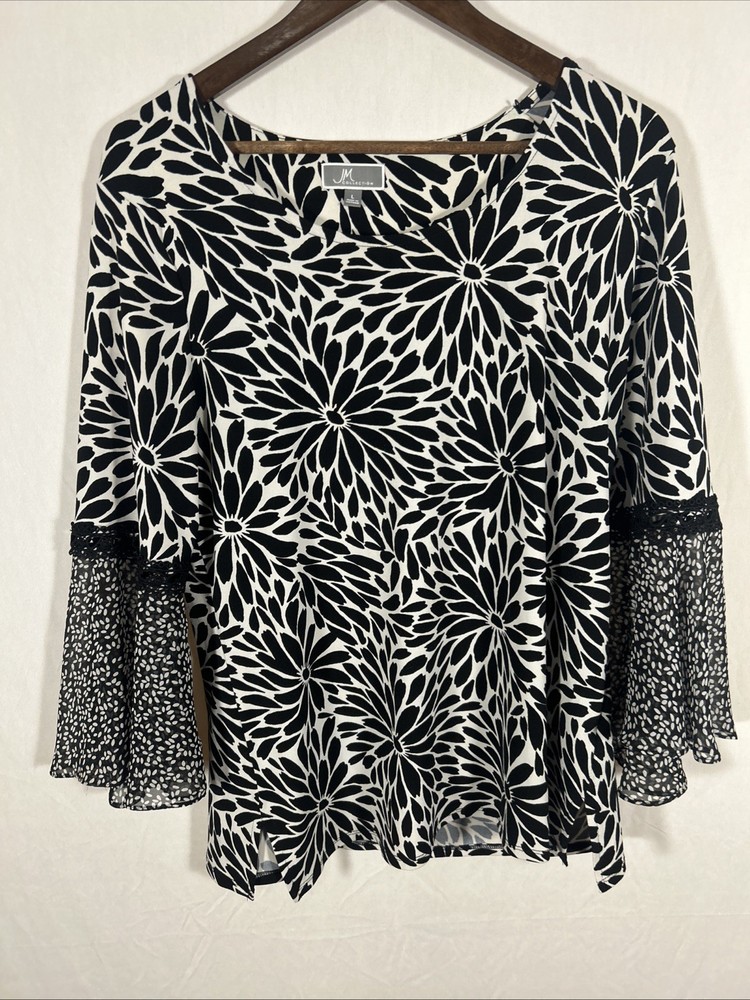 JM Collection Black White Floral Bell Sleeve Blouse Women’s Large