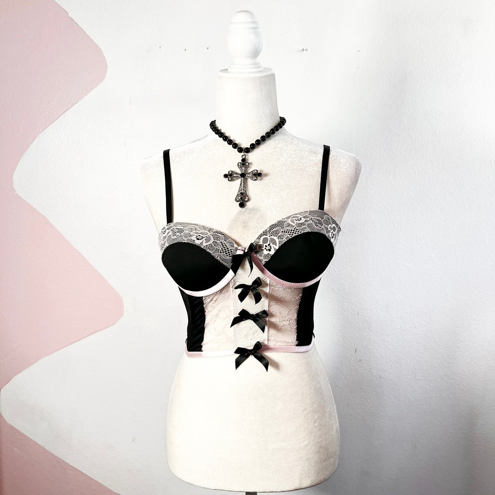 Corset Bustier Tank Top Sz Small Black Pink Bows Lace Gothic Coquette Grunge Emo