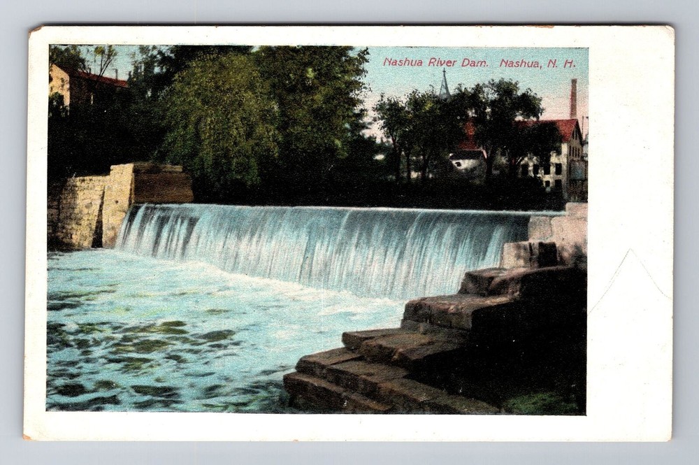Nashua NH-New Hampshire, Nashua River Dam, Antique, Vintage Souvenir Postcard